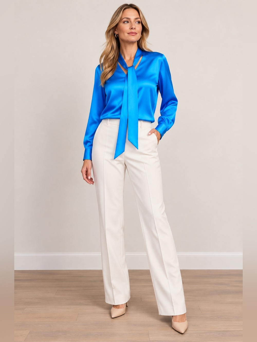 NWT 100% silk Royal Blue Tie-Neck Silk Blouse size M